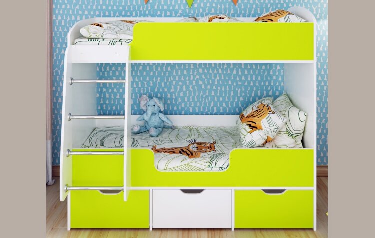 

Двухьярусная кровать KidsBunkBed K-058 белый лайм 1450х732 х1632 мм