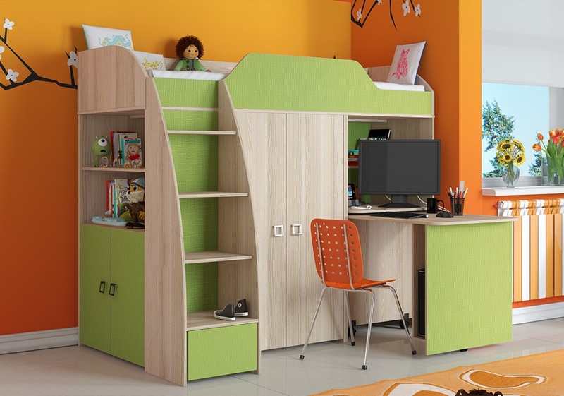 

Кровать-чердак с рабочей зоной KidsBunkBed K-0218 дуб сонома зеленая вода 205x127x172 см