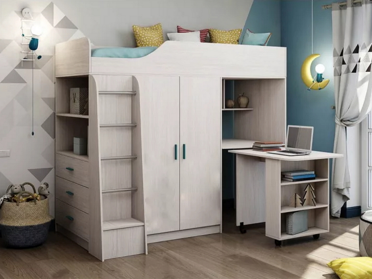 

Кровать-чердак с рабочей зоной KidsBunkBed K-0233 дуб молочный 2040х1680 х1695 мм