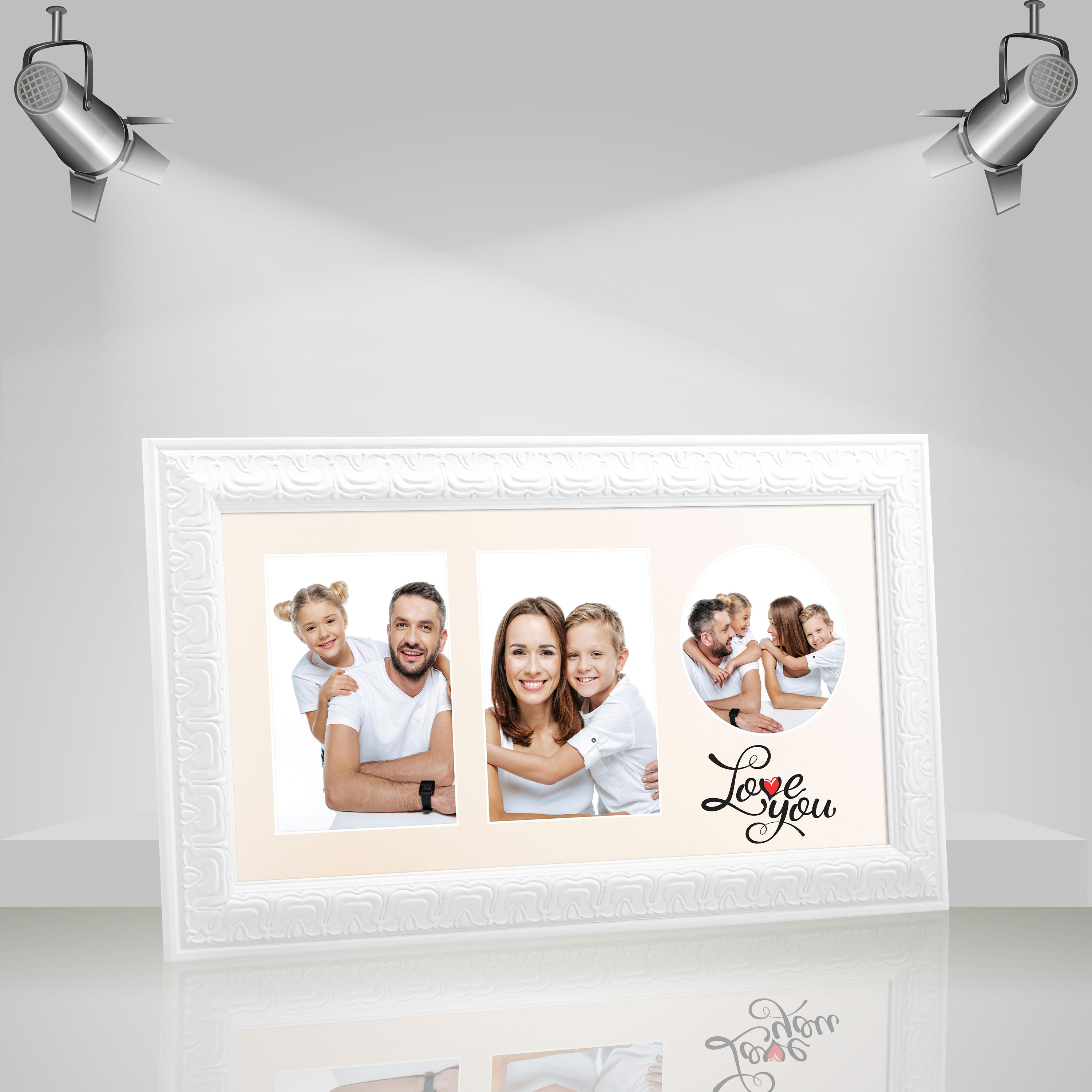 

Фоторамка коллаж с паспарту LOVE YOU для 2 фото 13х18 и 1 фото 13х13 багет: 153-A1001 (антибликовое стекло 2мм, двп, паспарту) EmojiFrame