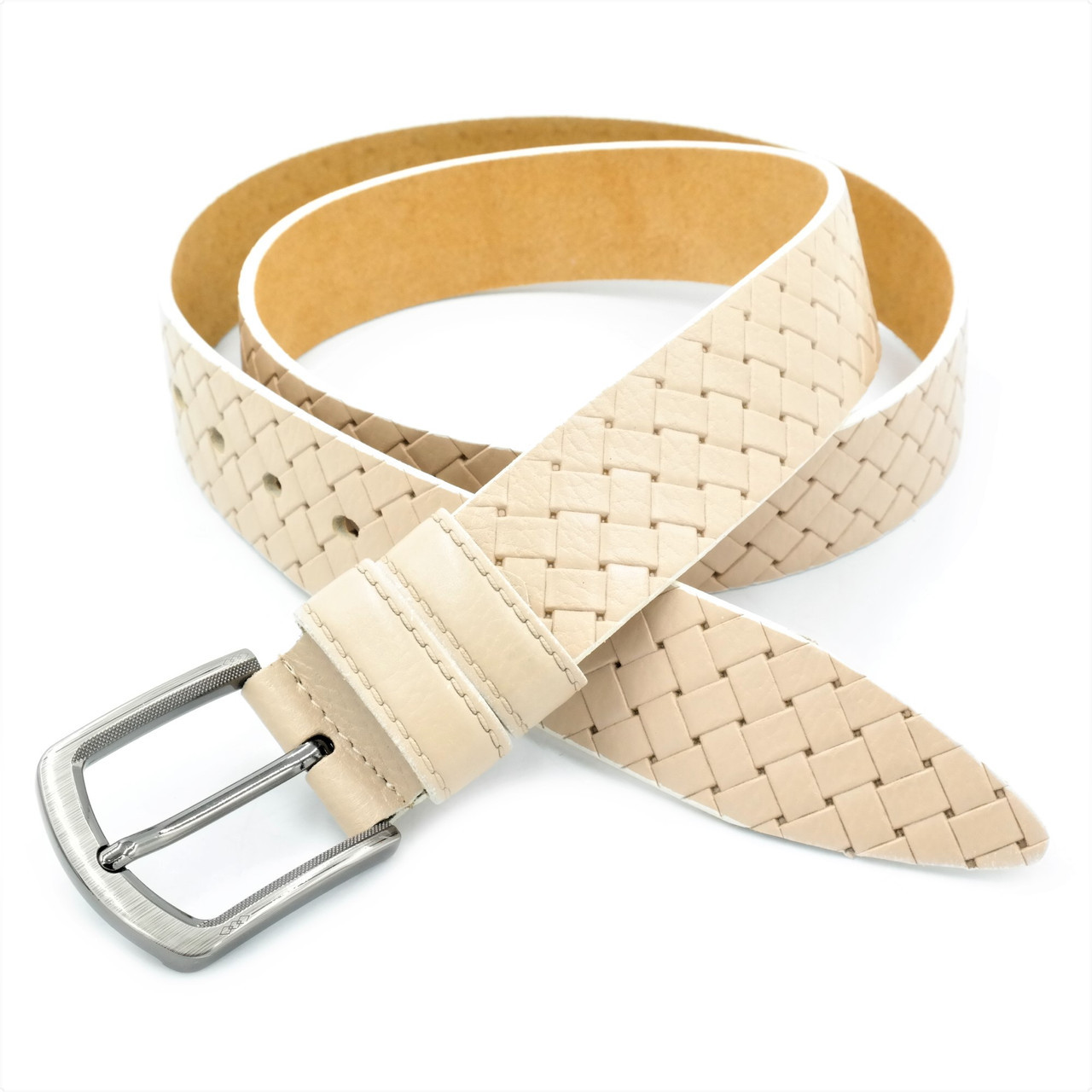 

Кожаный ремень Weatro пояс бежевый Пряжка классическая 110-125 см