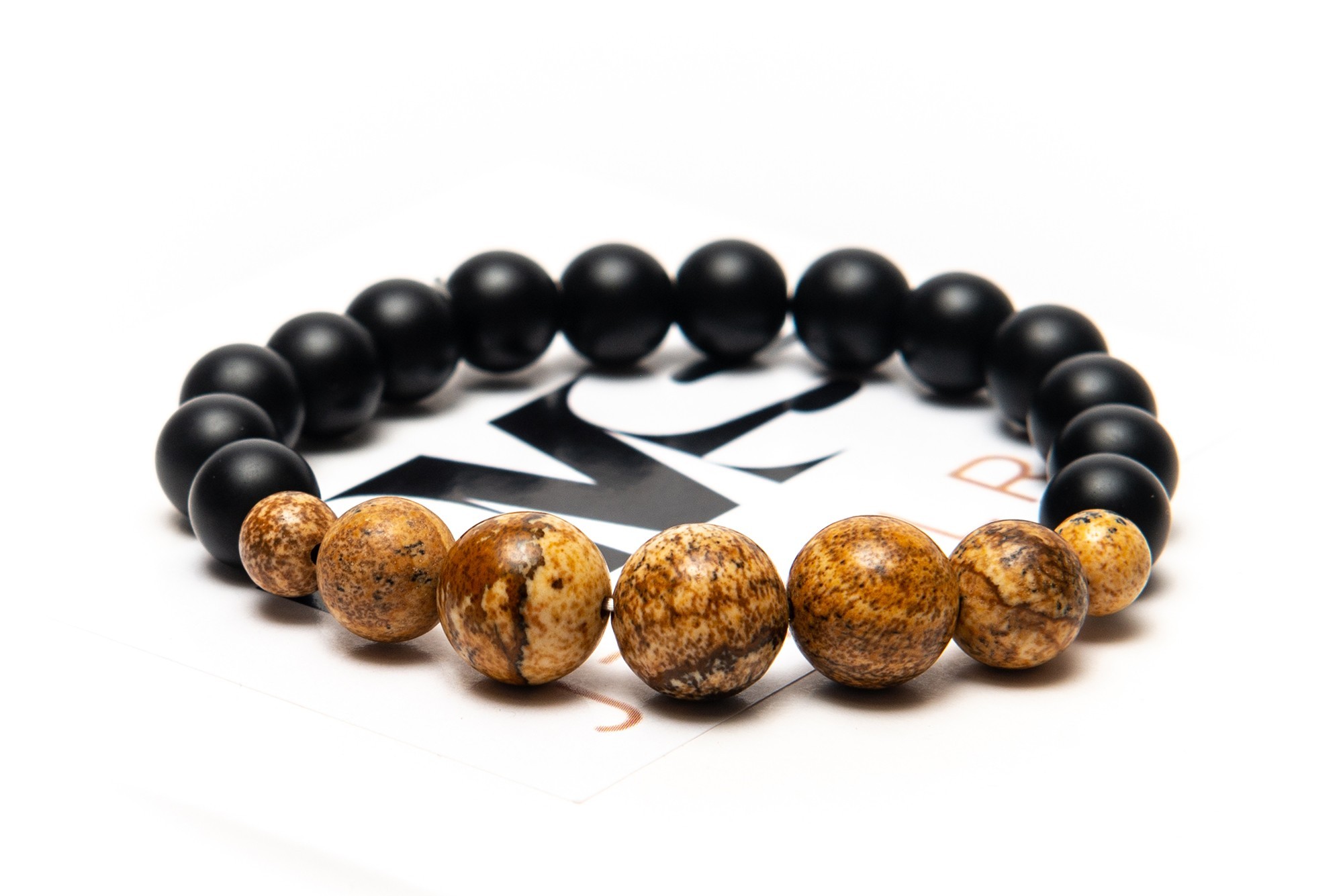 

Браслет DMS Jewelry для мужчины или женщины из натурального камня Ø 8-10мм шунгит, пейзажная яшма LARGE STONES GRADATION YELLOW 7