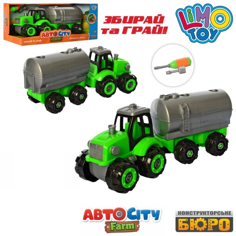 

Конструктор на шурупах Limo Toy Трактор, Зеленый с прицепом "Бочка", "Авто ферма"