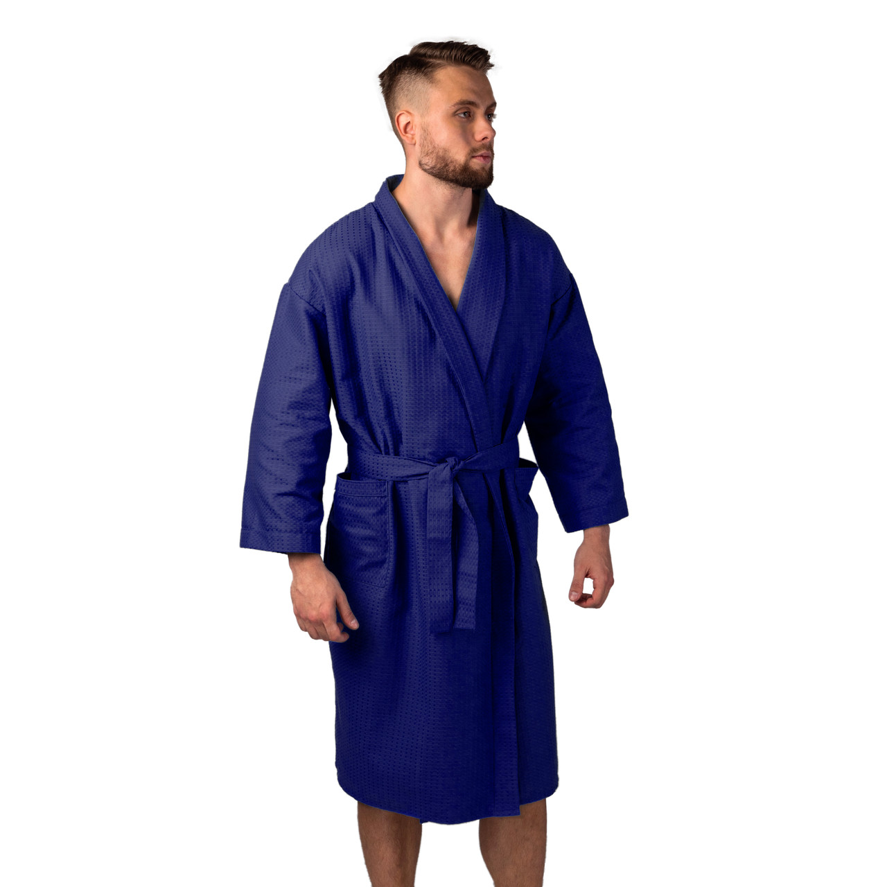 

Вафельный халат Luxyart Кимоно размер (46-48) М 100% хлопок синий (LS-457)