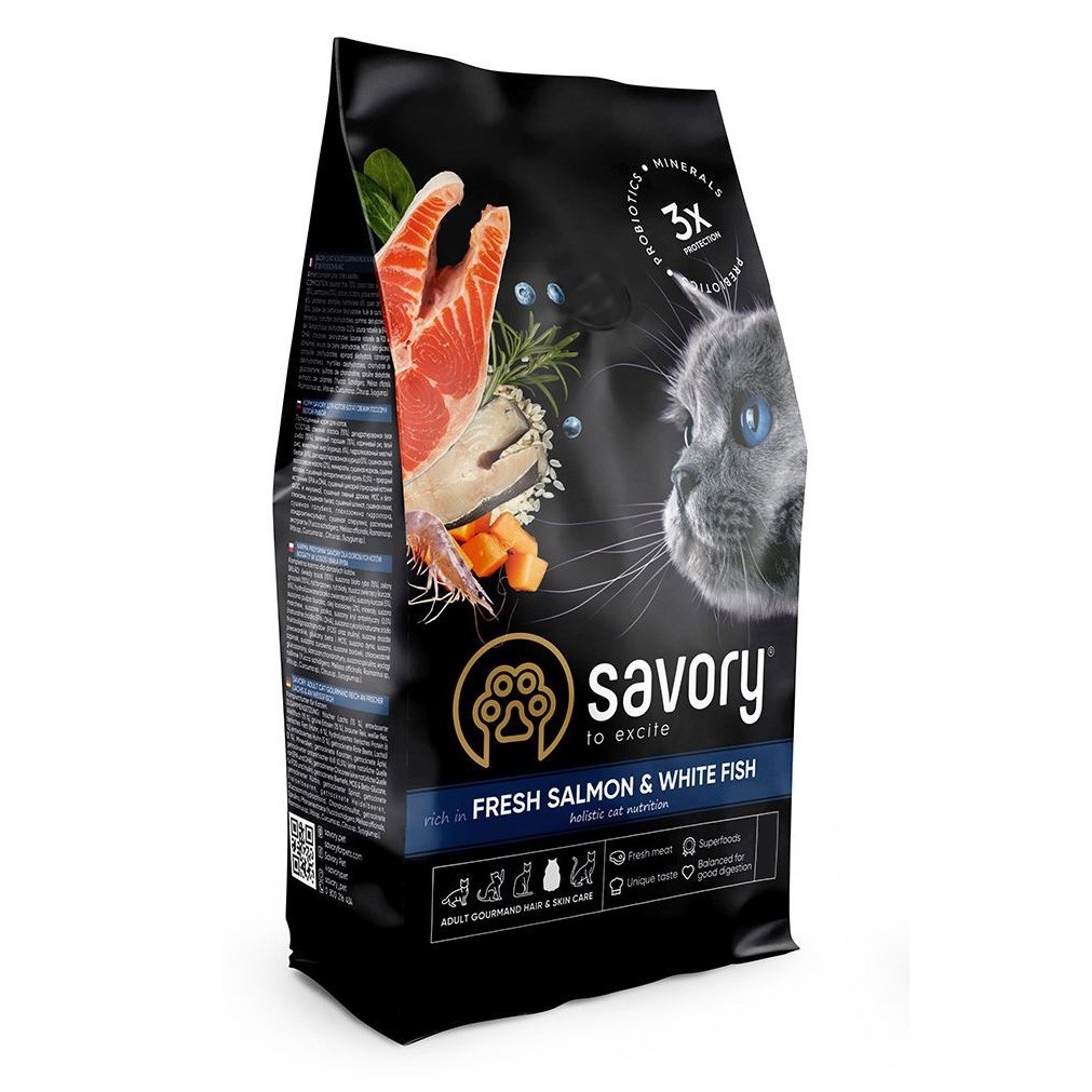 

Сухой корм для длинношерстых кошек Savory Adult Gourmand Fresh Salmon & White Fish со свежим лососем и белой рыбой 8 кг