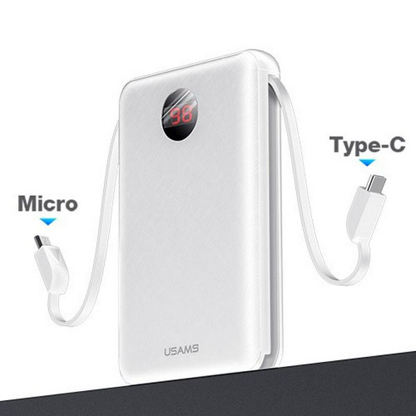 

УМБ Power Bank Usams 10000 mAh mini 3xUSB с кабелем Micro USB/USB Type-C белый (US-CD74-WT)