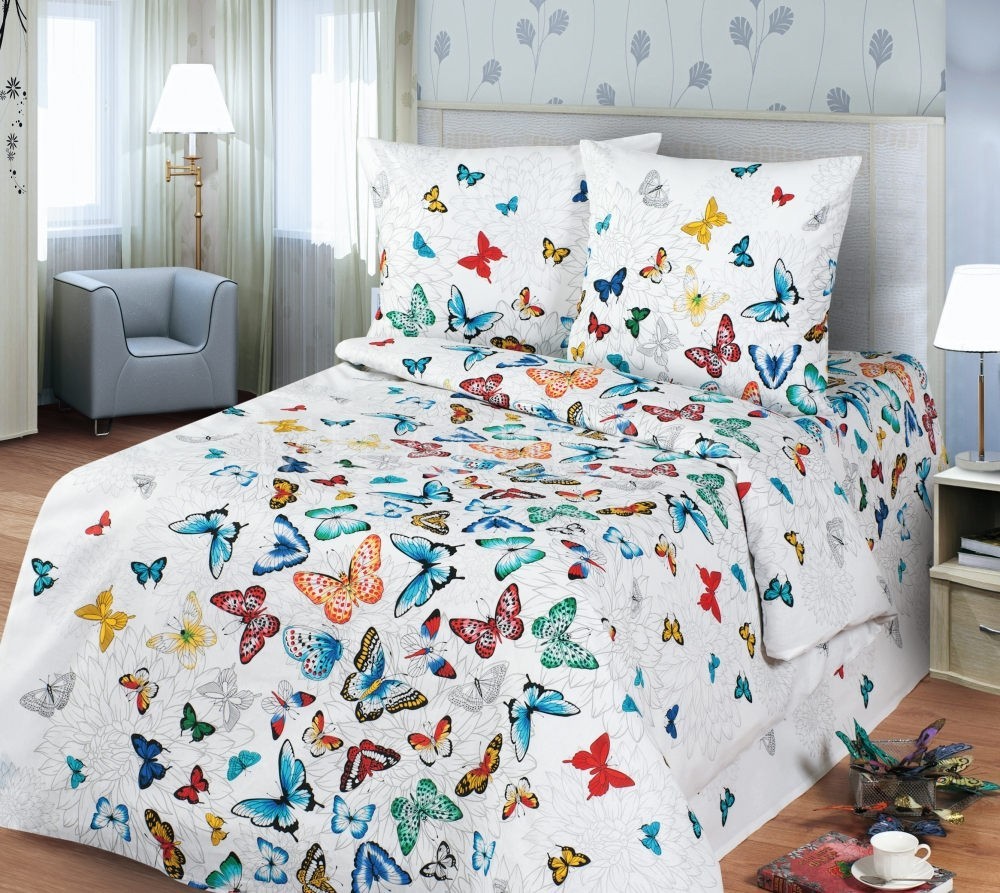 

Постельное белье Бабочки на белом, Тейково, ткань перкаль, семейный комплект, под. 2шт 145*215 см