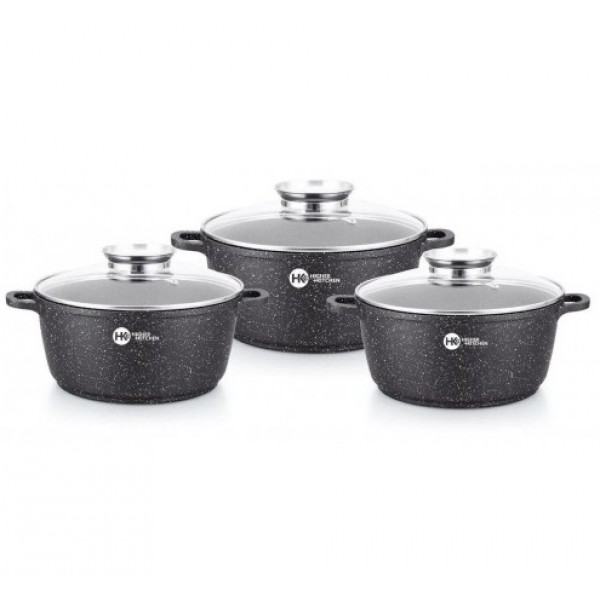 

Набор посуды кастрюль HIGHER KITCHEN HK-301 из 6 предметов с мраморным покрытием Black/Черный