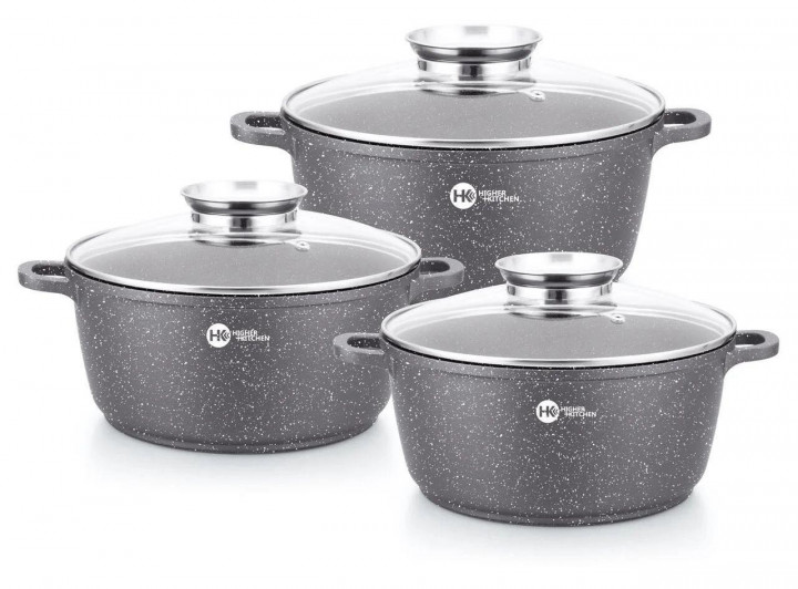 

Набор посуды кастрюль HIGHER KITCHEN HK-301 из 6 предметов с мраморным покрытием Серый/Gray