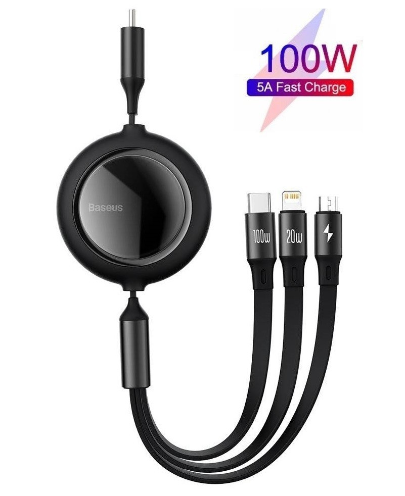 

Кабель Baseus 100W Bright Mirror 3в1 Retractable Data Cable Type-C/Micro/Lightning 1.2m black