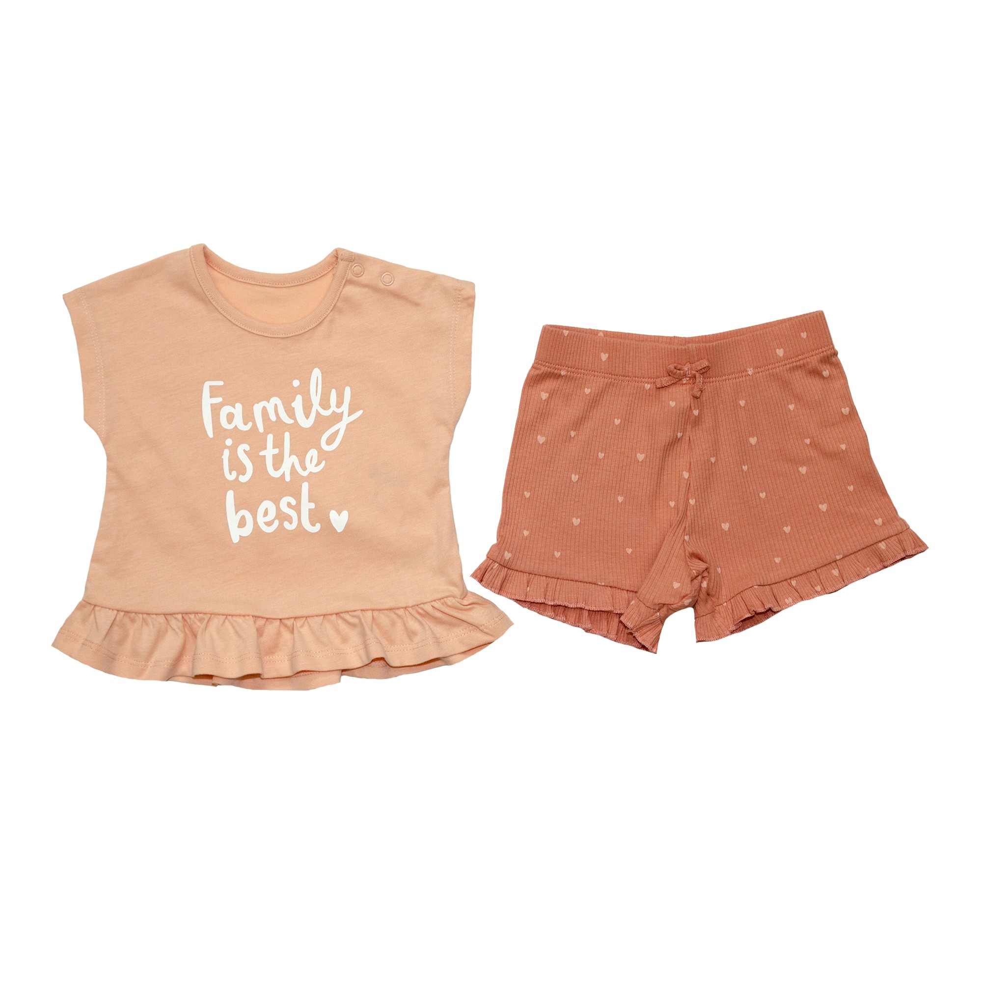 

Комплект для девочки ( 1 шт ) George цвета пудры футболка с рюшами и шорты в сердечках 3-6М (62-68 см) 2014