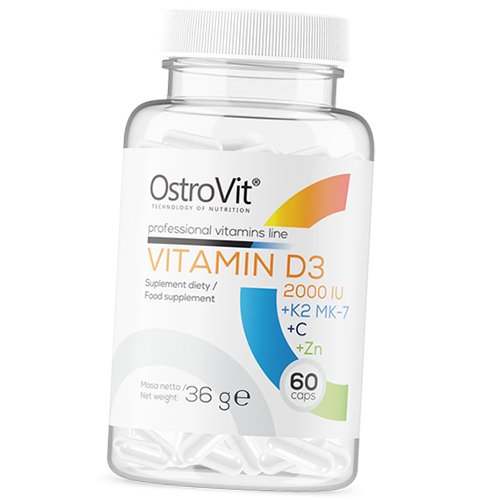 

Витамины для иммунитета, здоровья костей и кожи, Vitamin D3 + K2 MK-7 + C + Zinc, Ostrovit 60капс (36250063)