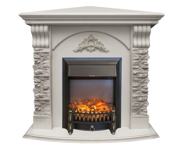 

Угловой каминокомплект Fireplace Кипр Белый дуб эффект мерцающих дров со звуком и обогревом