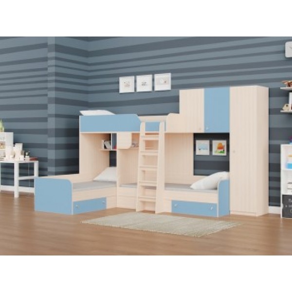 

Трёхъярусная кровать KidsBunkBed K-082 дуб молочный лазурь 326.5х195х200 см