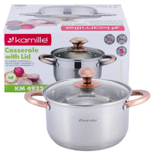 

Кастрюля с крышкой Kamille 3л из нержавеющей стали и полыми ручками для индукции и газа KM-4932