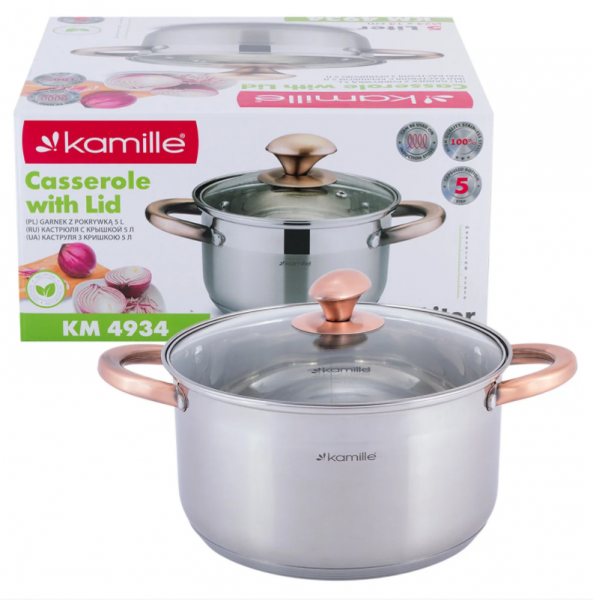

Кастрюля с крышкой Kamille 5л из нержавеющей стали и полыми ручками для индукции и газа KM-4934