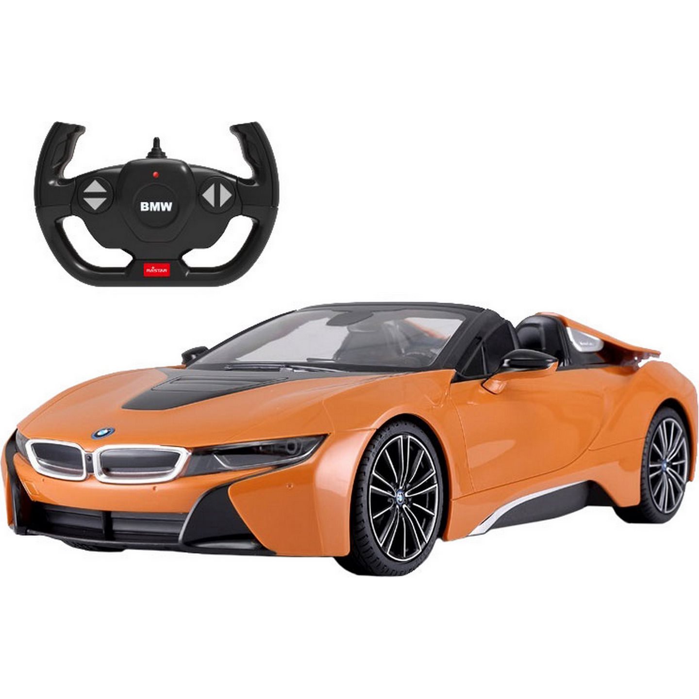 

Машинка Спорткар на пульте управления Rastar, Радиоуправляемый автомобиль BMW i8 Roadster + USB кабель, со звуковыми и световыми эффектами, 39х18,5х10,5 см