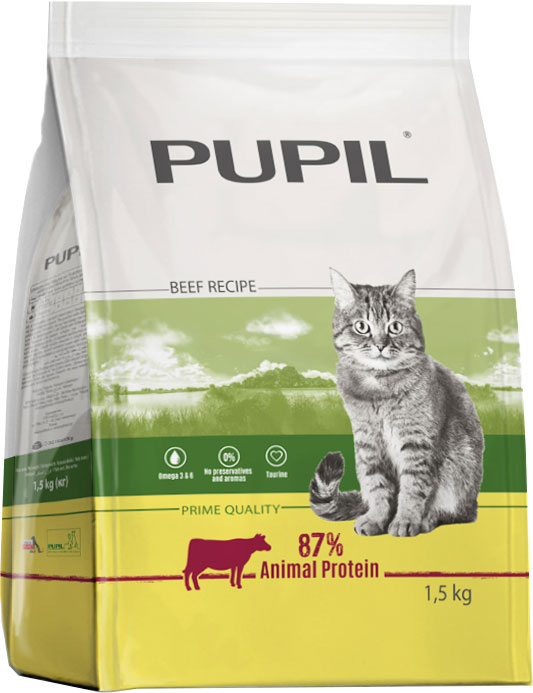 

Полноценный сухой корм для взрослых кошек PUPIL Prime с говядиной и овощами 1.5 кг