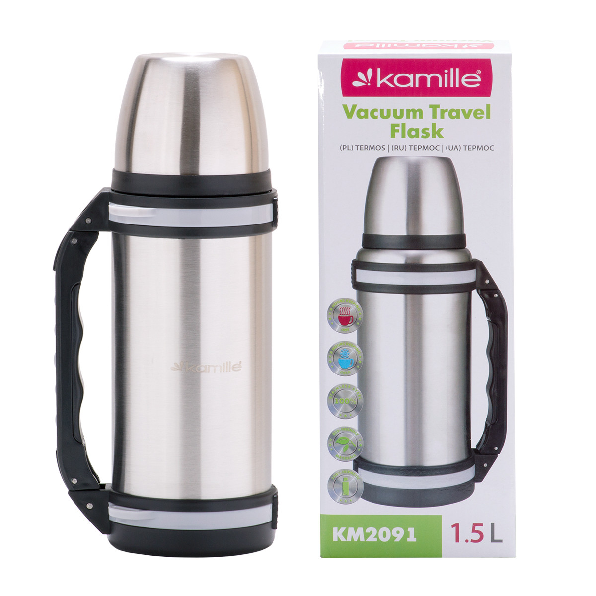 

Термос Kamille 1500ml. из нержавеющей стали с ручкой и ремешком KM-2091