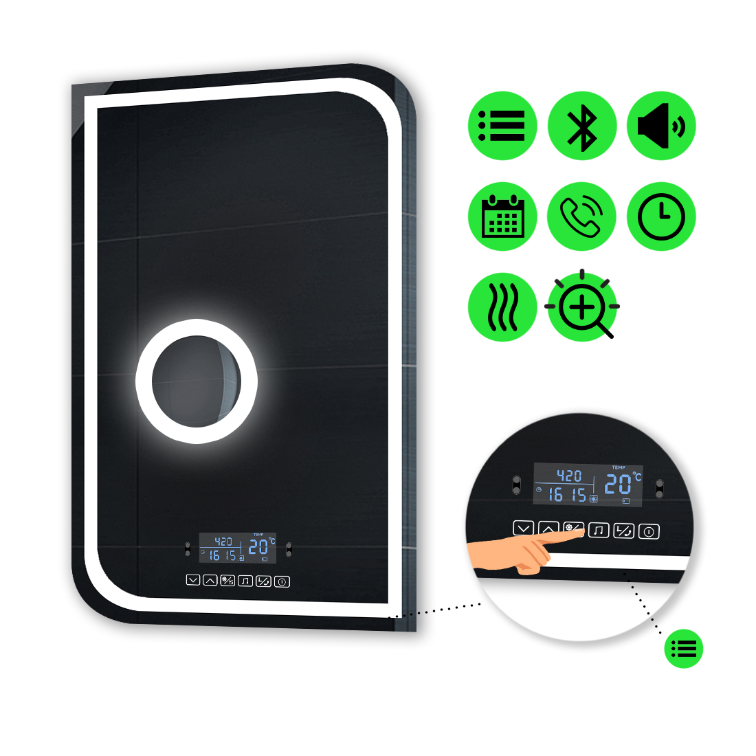 

LED-зеркало 70x80см, с Smart-блоком, линзой с подсветкой и подогревом, модель Noemi