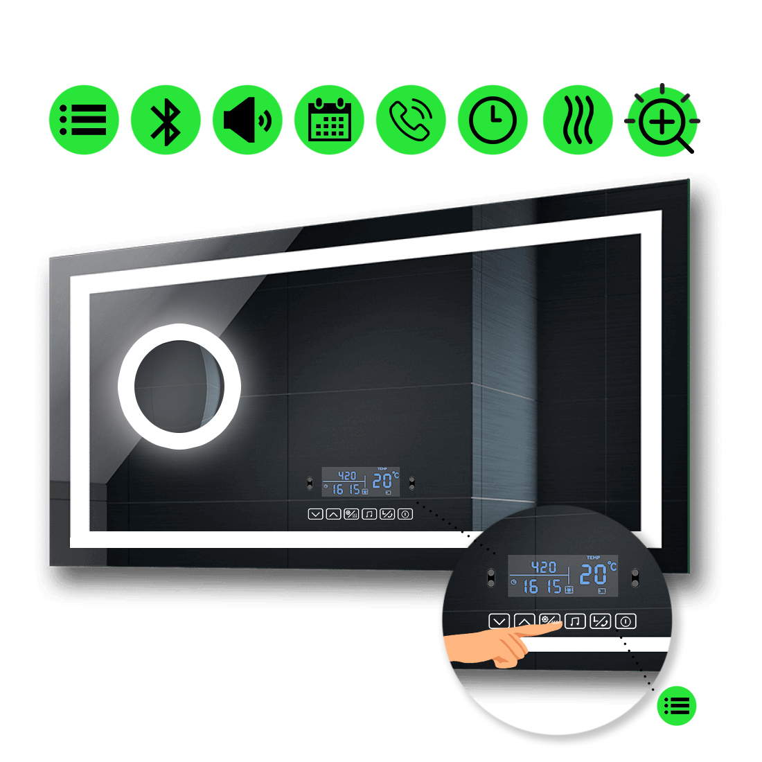 

LED-зеркало 100x70см, с Smart-блоком, линзой с подсветкой и подогревом, модель Karnet (karnetg151)