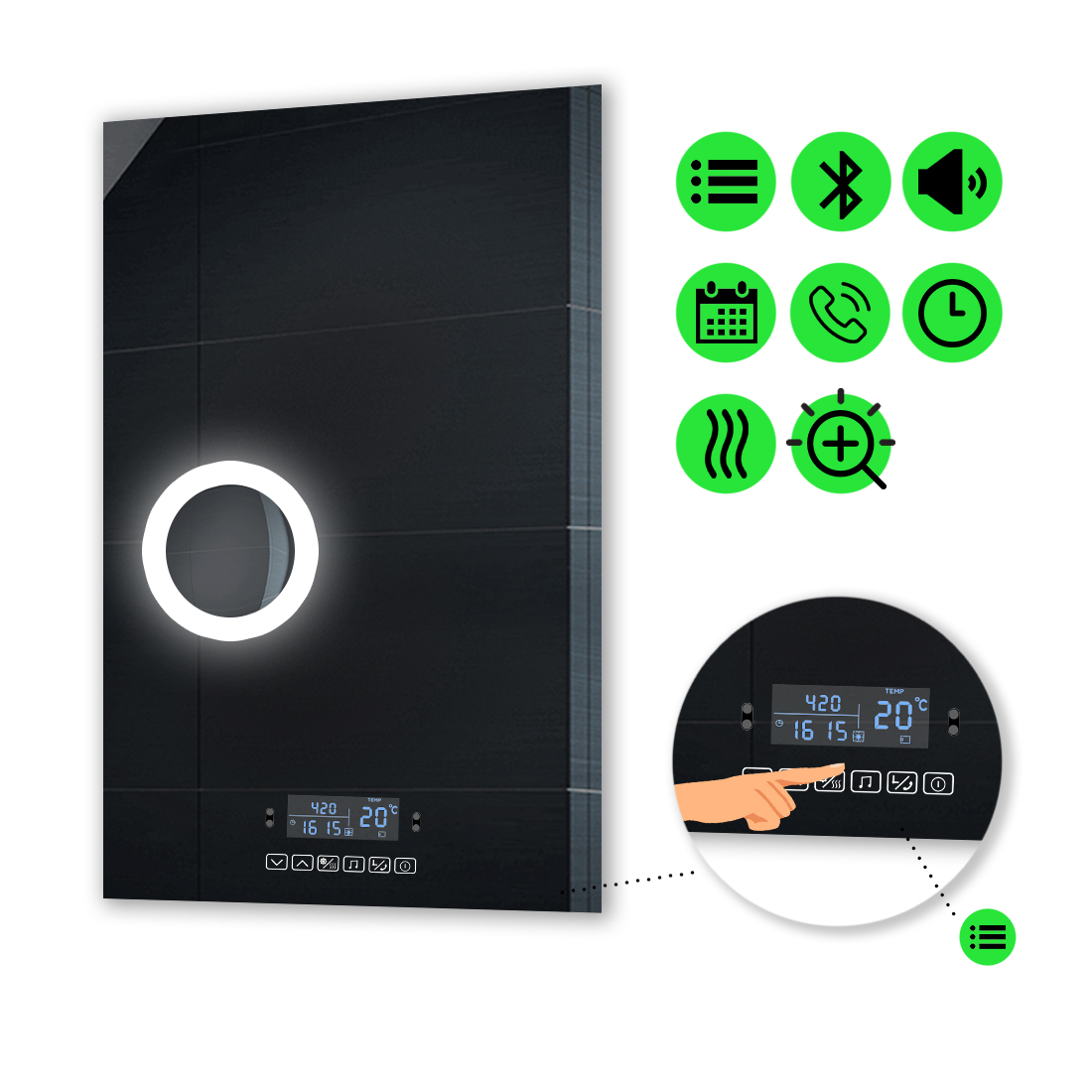 

LED-зеркало 70x80см, с Smart-блоком, линзой с подсветкой и подогревом, модель Lucia (Lucia239)