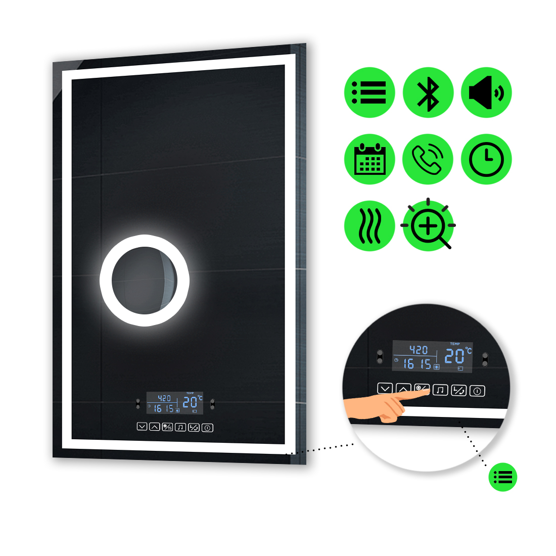 

LED-зеркало 100x120см, с Smart-блоком, линзой с подсветкой и подогревом, модель Karnet (karnet239)