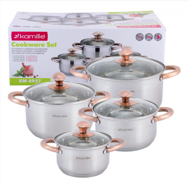 

Набор кастрюль Kamille 8 предметов для индукции и газа (1.5л, 2.0л, 3.0л, 5.0л) KM-4937