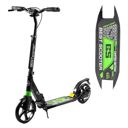 

Самокат двухколесный Best Scooter 23151 колеса PU, d колес - 200мм, 2 амортизатора, зажим руля, дисковый, черный с зеленым