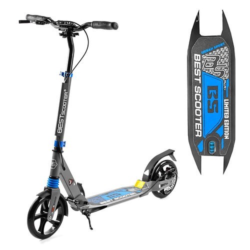 

Самокат двухколесный Best Scooter 98978 колеса PU, d колес - 200мм, 2 амортизатора, зажим руля, дисковый, черно-синий