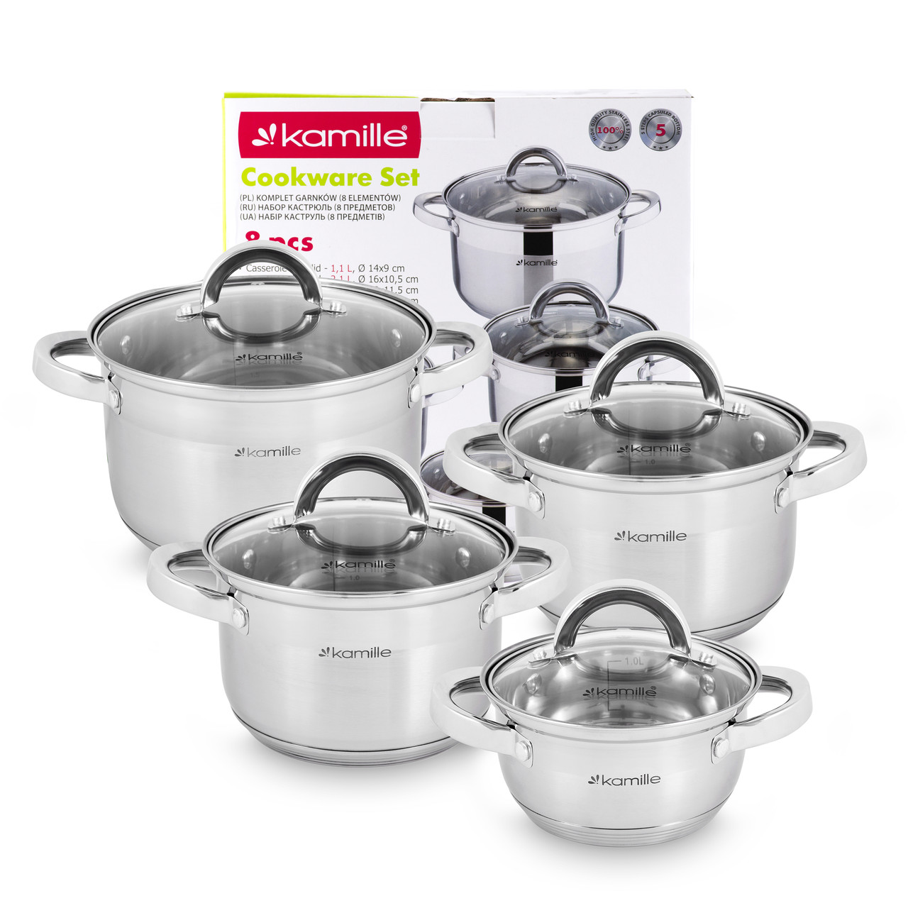 

Набор кастрюль Kamille из нержавеющей стали 8 предмета для индукции и газа (1.1л, 2,1л, 2,9л, 3,9л) KM-5637S