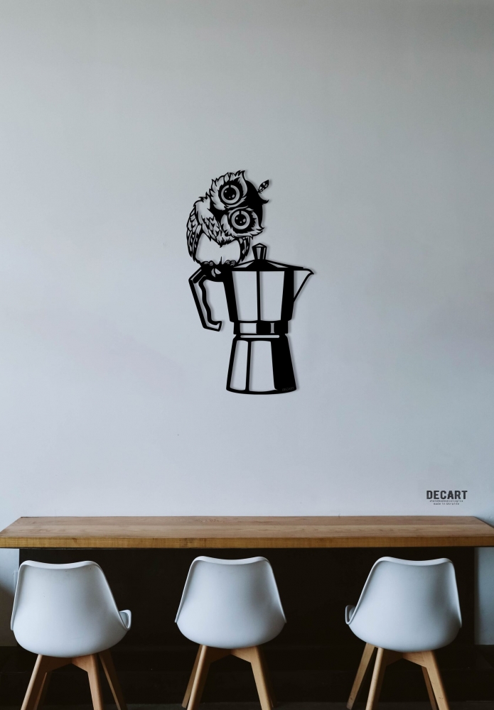 

Деревянная картина - панно Животные Сова с кофеваркой 120x68