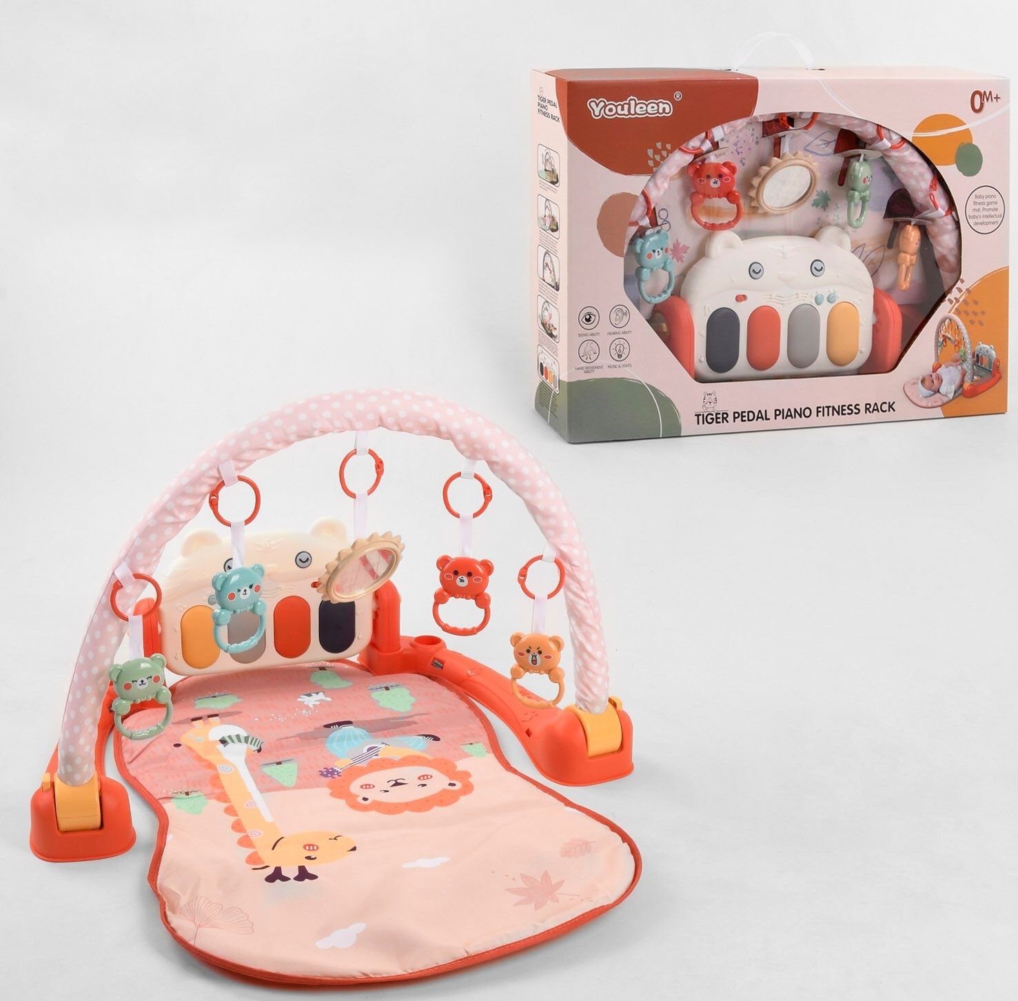 

Коврик 93908 на батарейках, 5 музыкальных режимов, подсветка клавиш, 4 подвесные игрушки, зеркальце