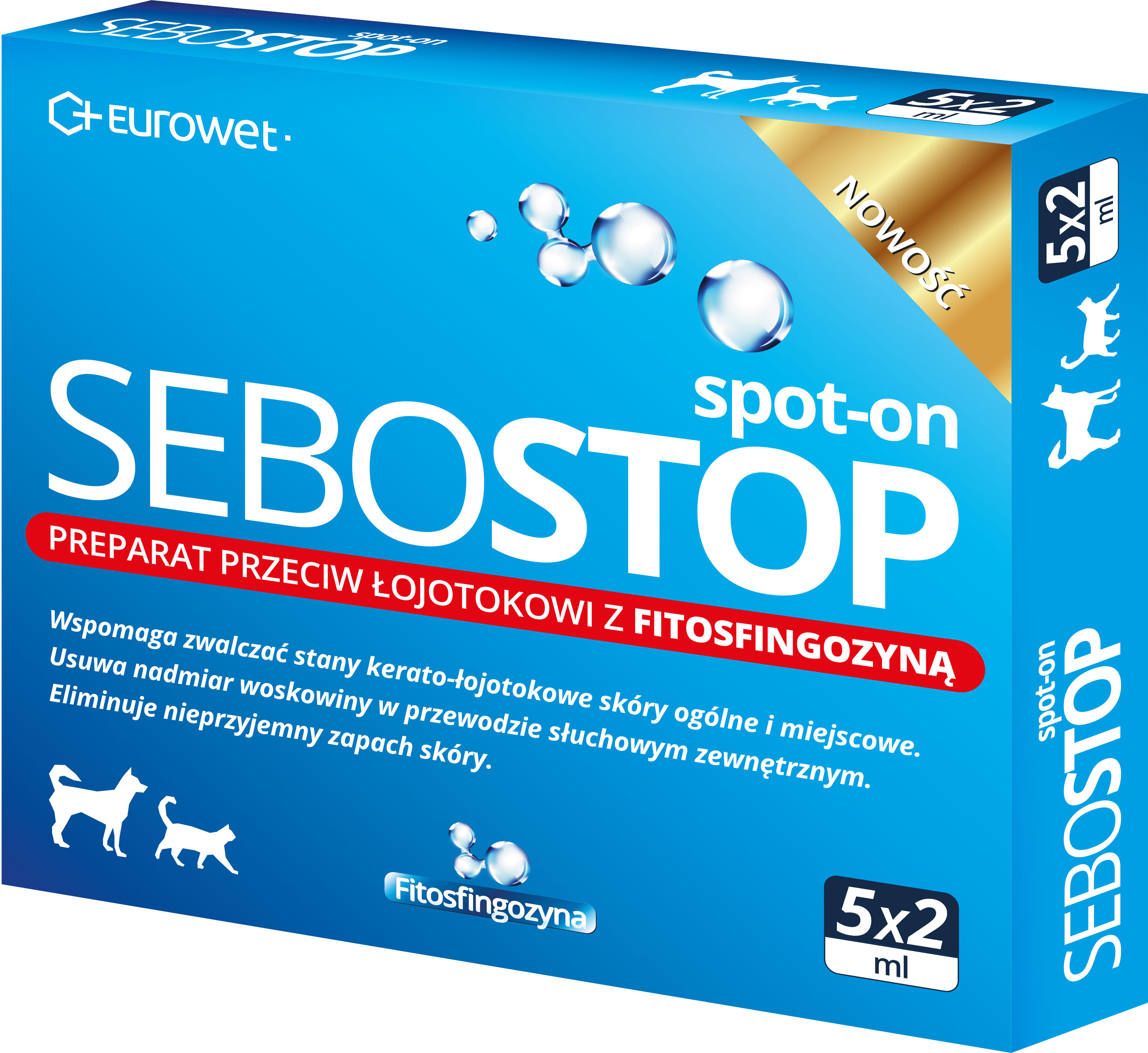 

Дерматологічні краплі на холку Себостоп Спот-он Eurowet Sebostop spot-on з фітосфінгозином проти лупи, себореї, неприємного запаху тіла для собак та котів, 5 піпеток по 2 мл