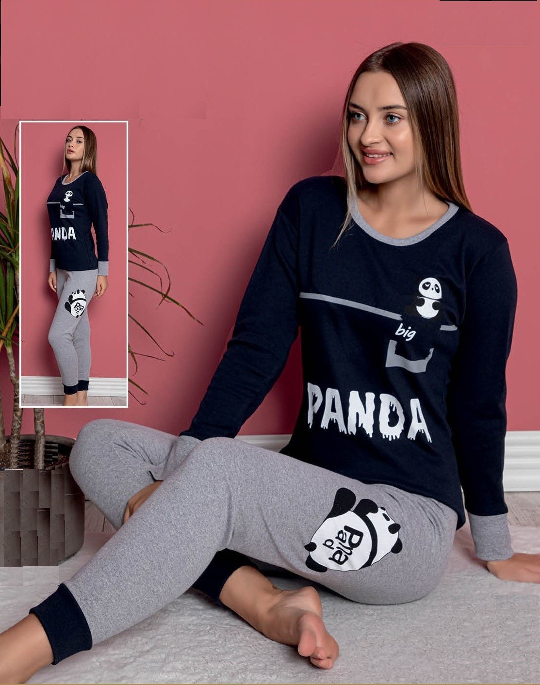 

Женская пижама (кофта+брюки) в ткани хлопок Big Panda  Черный с серым, Женская пижама (кофта+брюки) в ткани хлопок Big Panda M Черный с серым