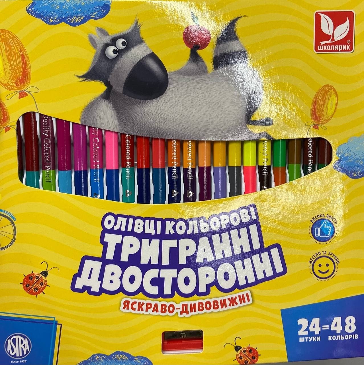 

Олівці кольорові тригранні двосторонні + чинка - 48 кольорів (24 шт.) Школярик