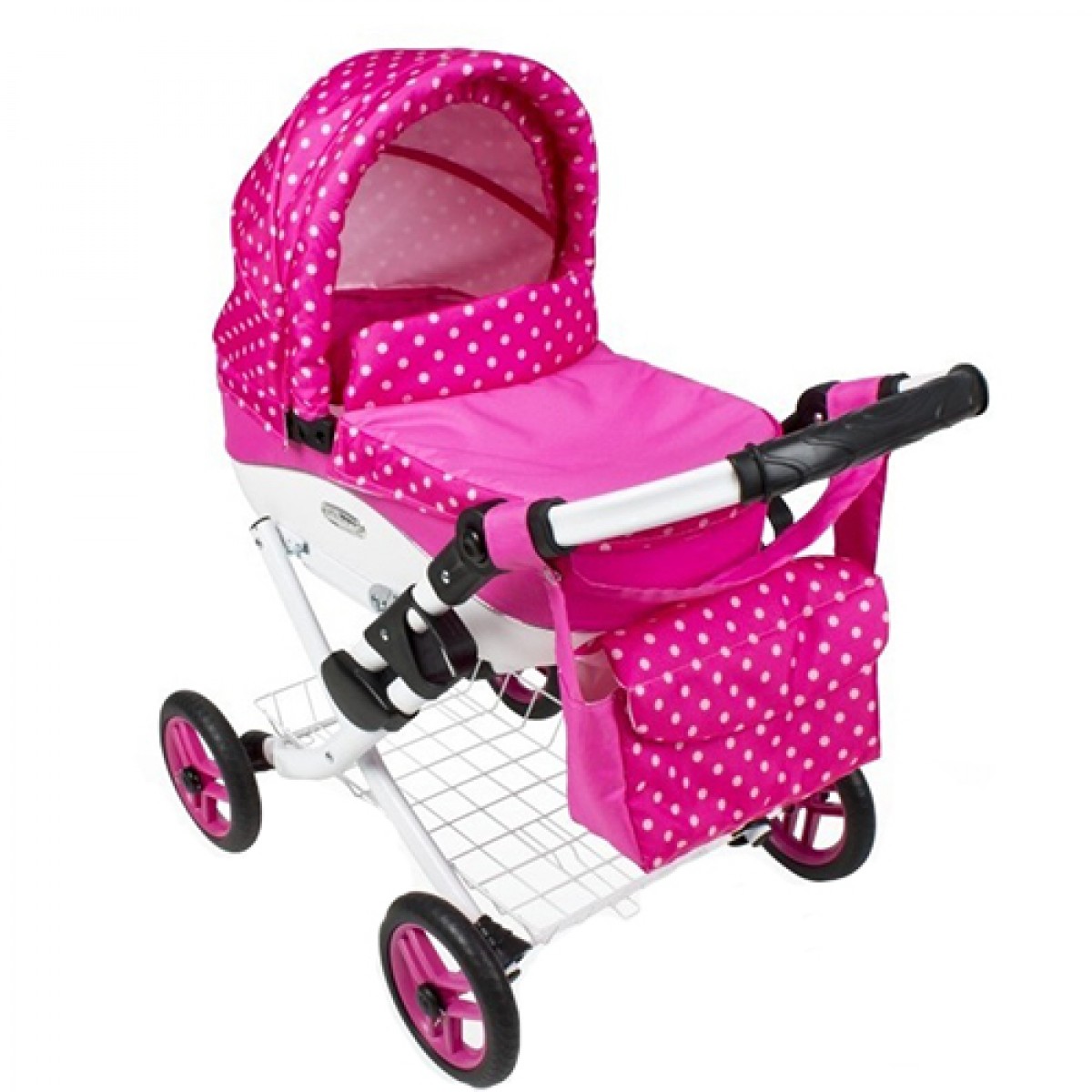 

Коляска для кукол Adbor Lily Lc-09 Розовый/Белый с принтом горошек с корзиной, матрасом и сумкой + чехол на ножки