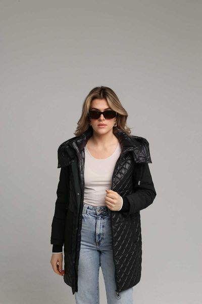 

Жіноча стильна подовжена куртка з капюшоном весна осінь демісезонна Towmy 6873 L чорний 68733