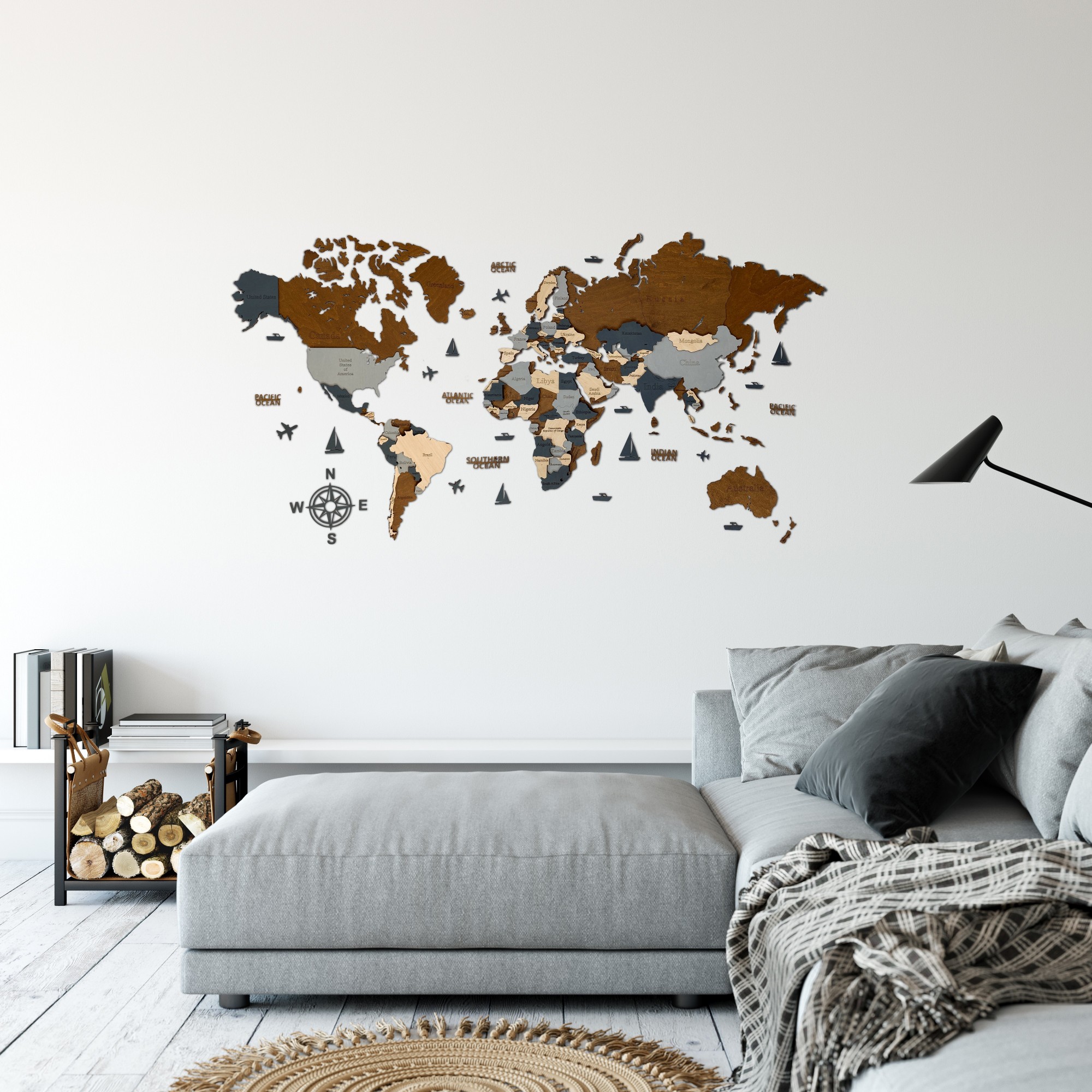 

3D Деревянная карта мира Wood Goods Стандарт 113x70 см коричневый серый