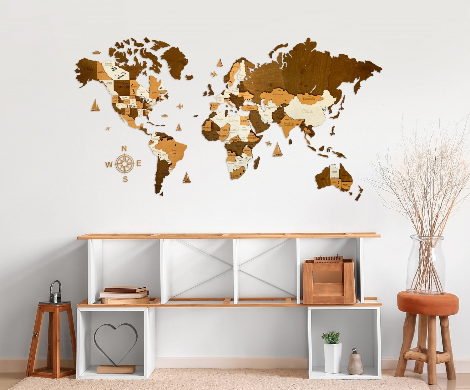 

3D Деревянная карта мира Wood Goods Стандарт 200х100 см коричневая