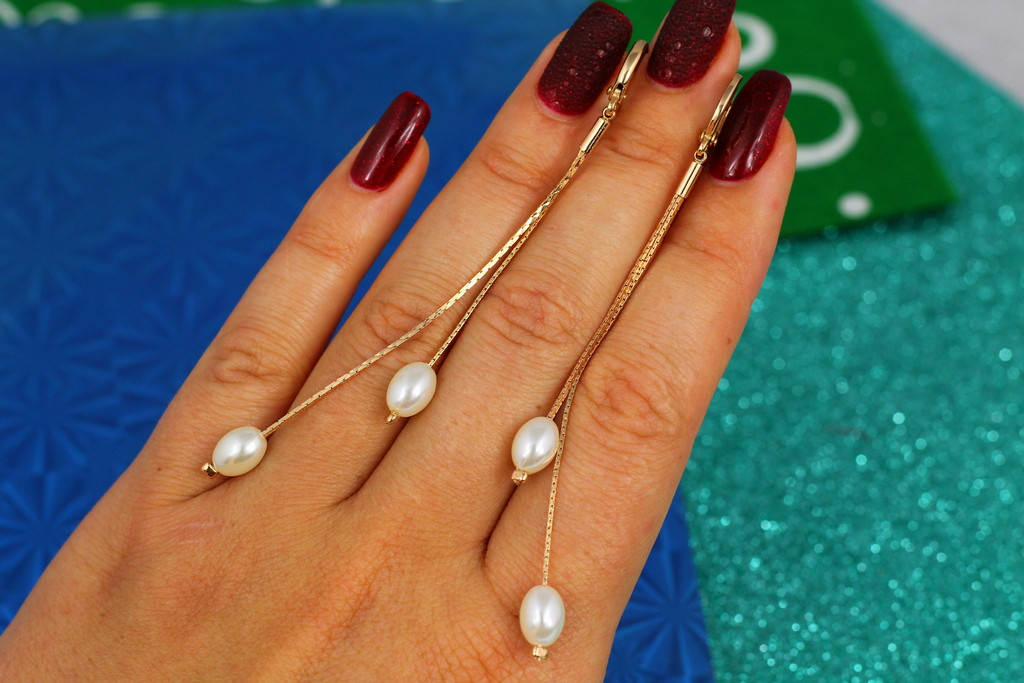 

Серьги подвески Xuping Jewelry с жемчугом на двух ниточках 9 см золотистые