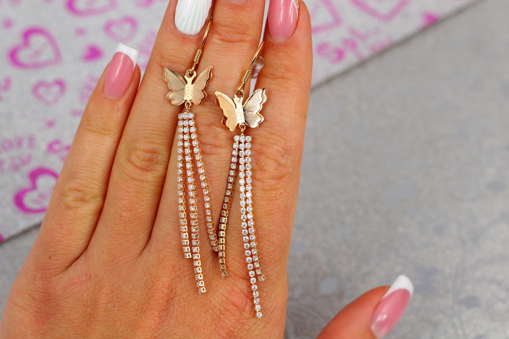 

Серьги подвески Xuping Jewelry бабочки с кристальными цепочками 7,5 см золотистые