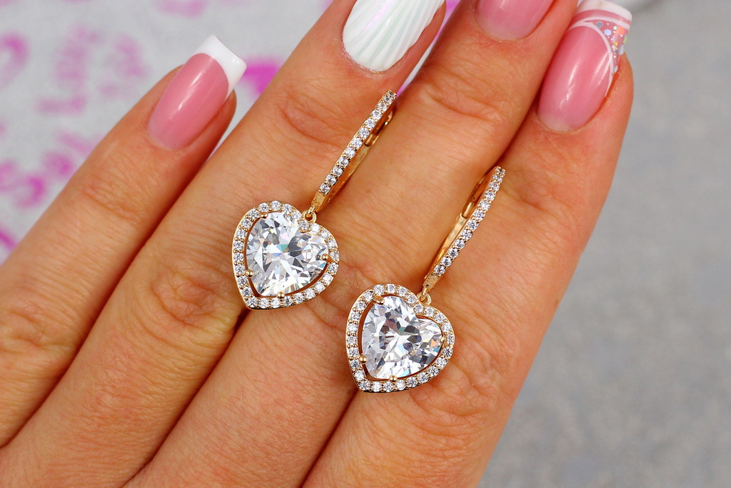 

Серьги подвески Xuping Jewelry сердечки с большими камнями 3,3 см золотистые