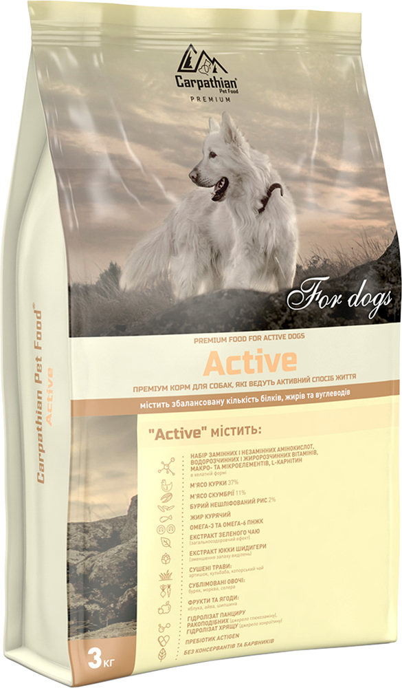 

Сухой корм Carpathian Pet Food Active с курицей, скумбрией для взрослых активных собак от 1 года 3 кг (4820111140879)