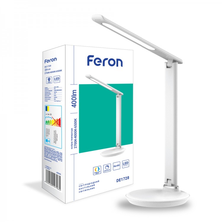 

Настільний світлодіодний світильник Feron DE1728 9W 2700K-4000K-6500K білий