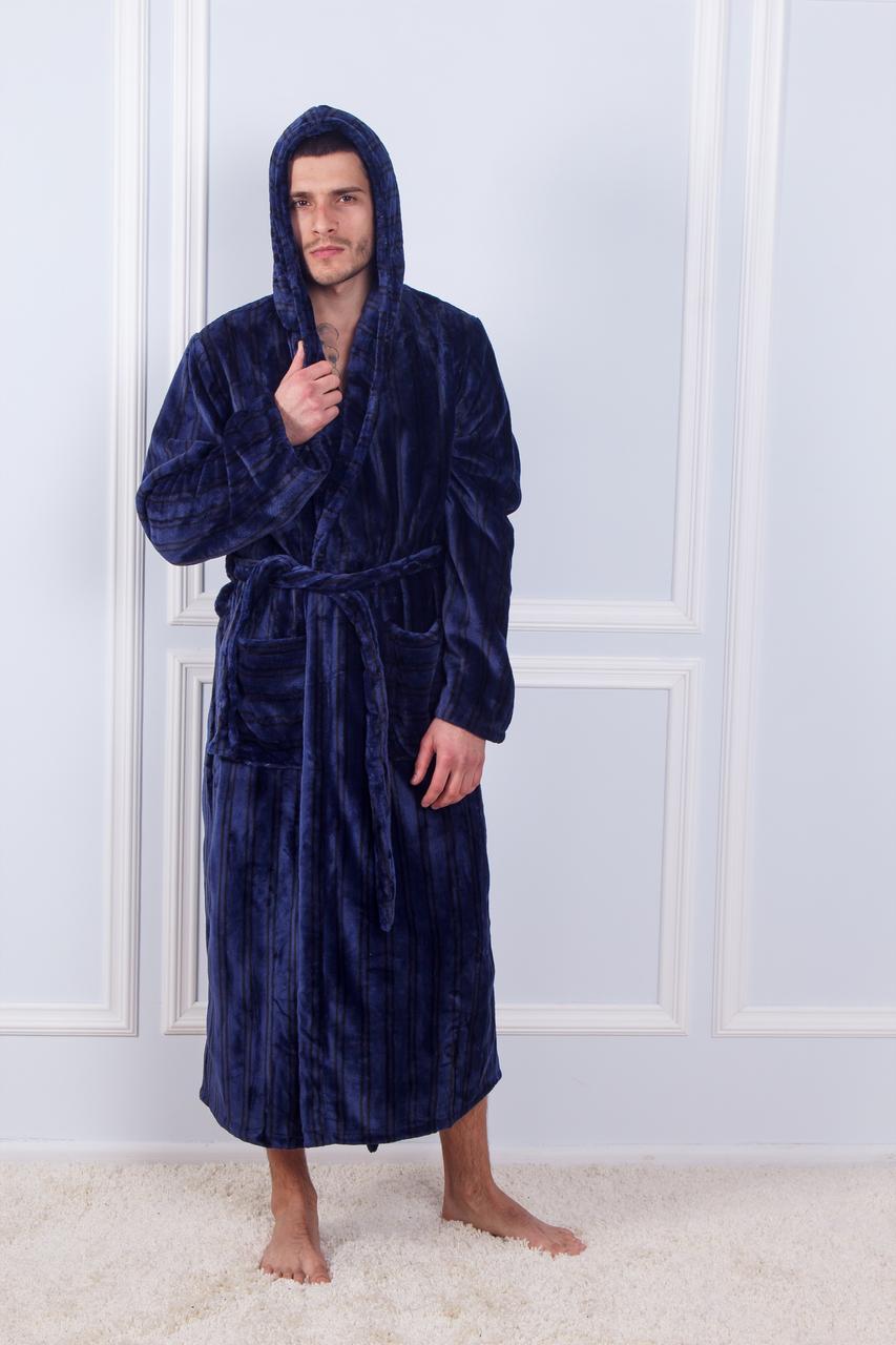 

Халат мужской махровый бамбук полоска с капюшоном Синий Sofi Soft XXXL 10865 768198 kap (1216)