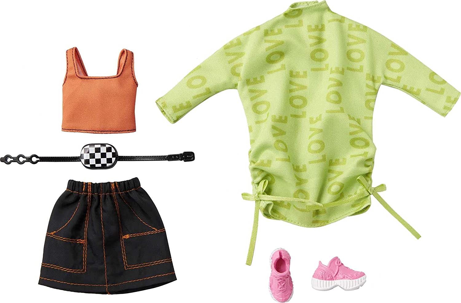 

Одежда для кукол Барби Barbie Fashions 2-Pack, Green Sweatshirt Dress, Orange Sleeveless Top & Black Skirt (GRC92)