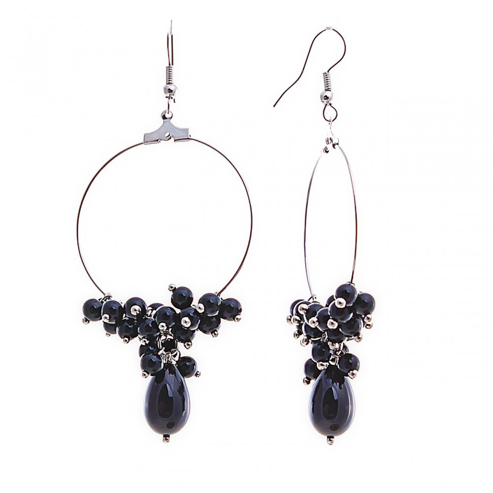 

Серьги подвески Кольцо с чёрными круглыми и овальными жемчужинами, металл под серебро,70мм, ida5748