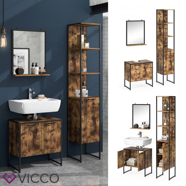 

Комплект для ванной в стиле лофт, высокий пенал + зеркало + тумба, 3 предмета Vicco Fyrk