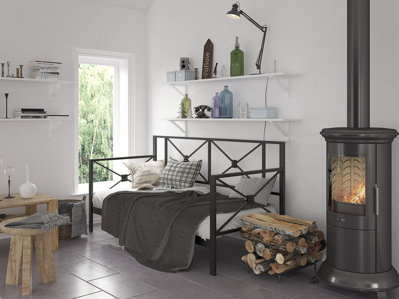 

Односпальная диван-кровать металлическая 80*200 Тарс Лофт черный бархат Tenero без матраса